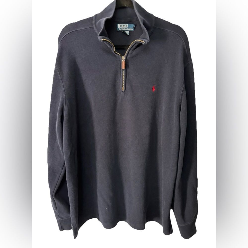 Vintage Polo Ralph Lauren Pullover Mens XL Navy Blue 1/4 Zip Leather Tab Logo